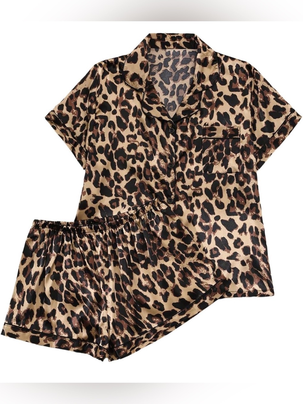 Leopard Print Satin Short Pajama Set - Brown